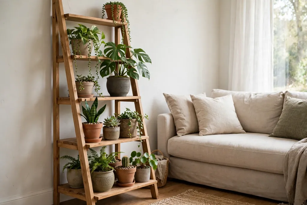 Tiered ladder shelf filled with potted plants against a living room wall.