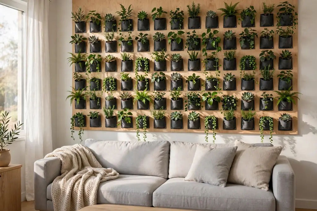 Living wall panel with small potted plants arranged on a living room wall.