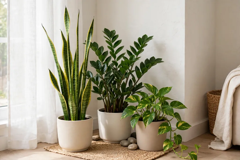 Low care plant grouping with snake plants and pothos in a living room corner.