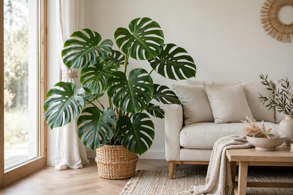 Large monstera in a pot beside a sofa in a bright living room.