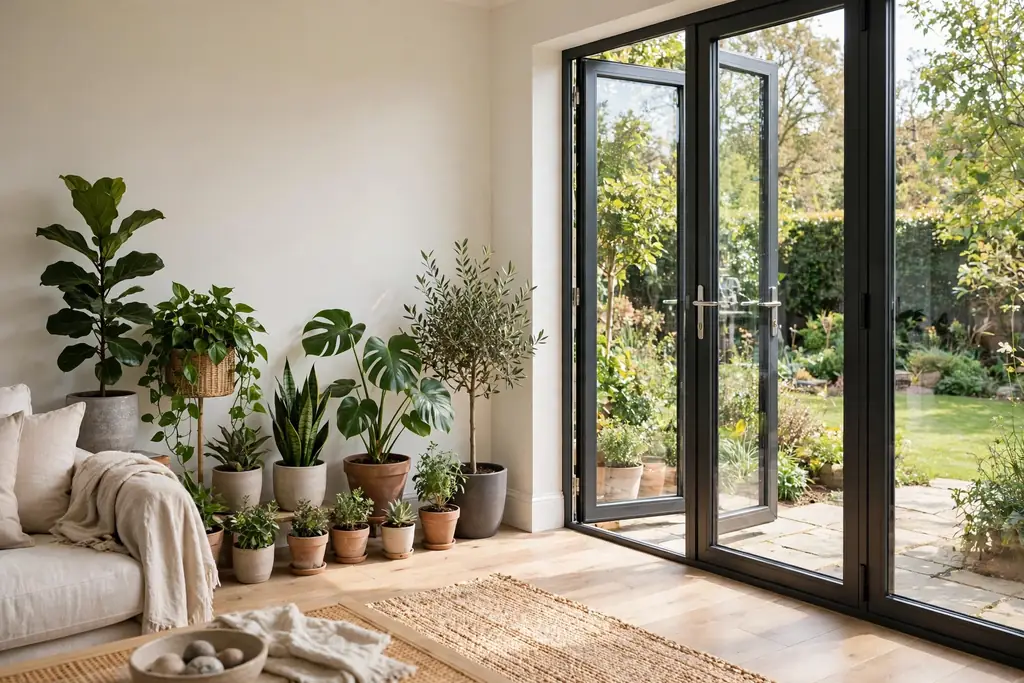 Plants lining the wall beside a patio door in a bright living room.