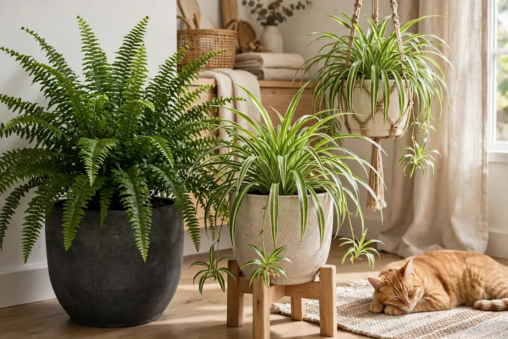 Pet friendly plant corner with spider plants and ferns in stable pots.
