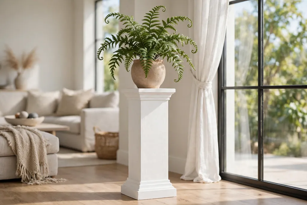 Single sculptural plant raised on a tall pedestal in a bright living room.