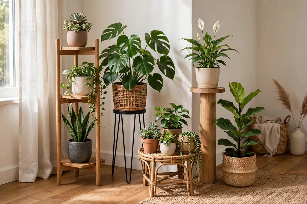 Cluster of plant stands at different heights with potted plants in a living room corner.