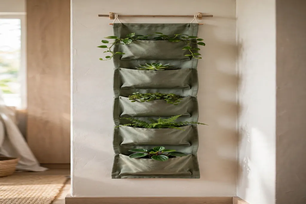 Vertical pocket planter with small plants on a narrow living room wall.