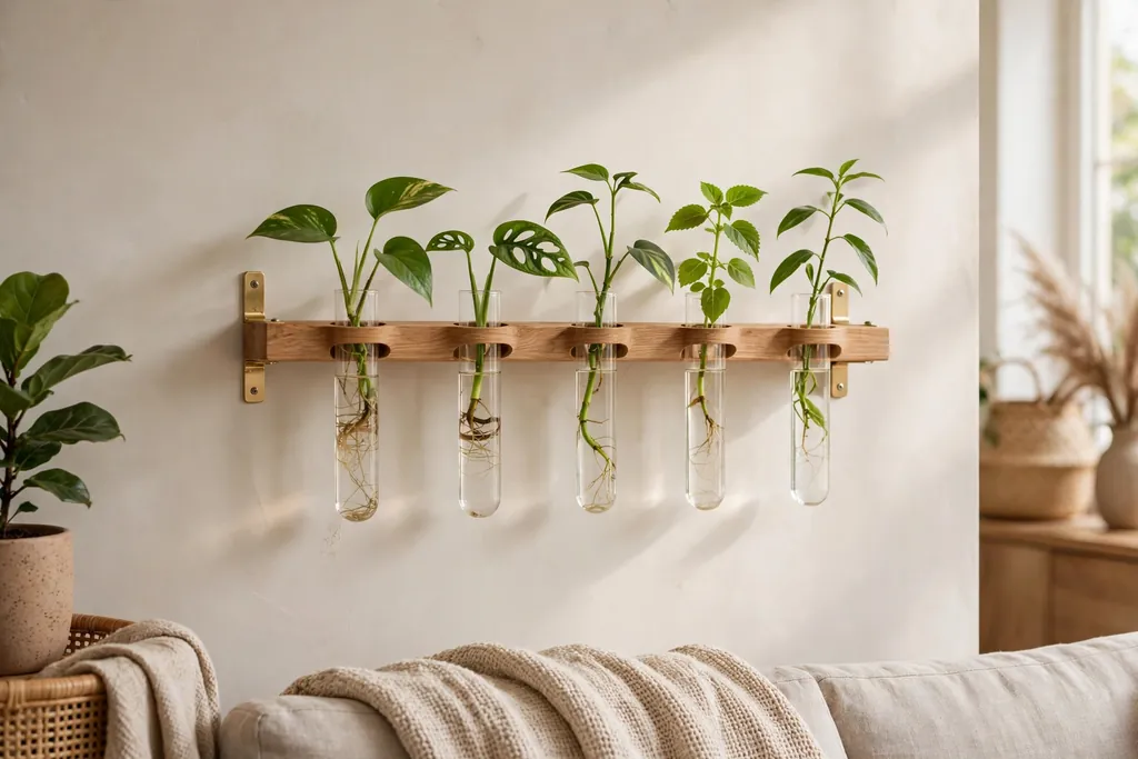 Wall mounted propagation station with glass tubes holding plant cuttings in water.