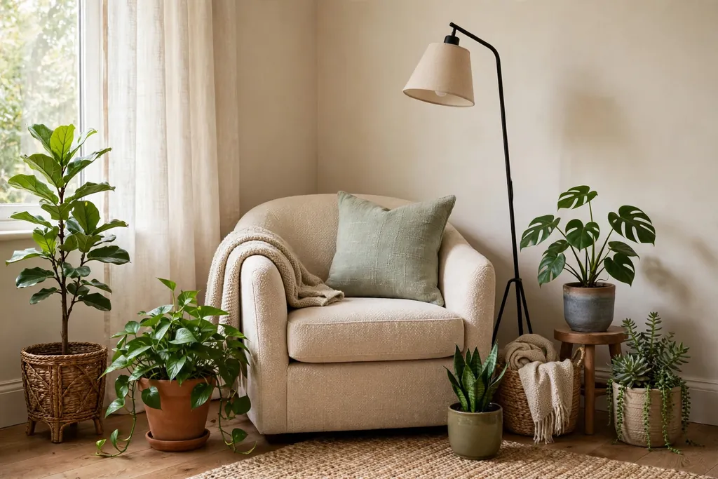 Reading nook armchair surrounded by plants at three heights in a living room corner.