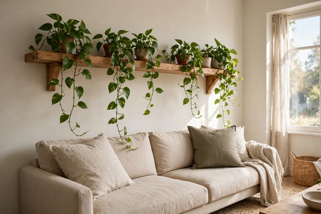 High wall shelf with trailing plants spilling over its edge in a living room.