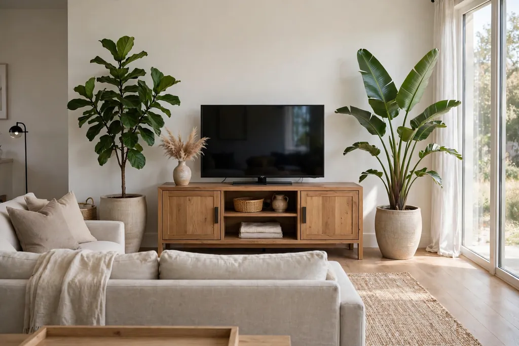 Television console flanked by large floor planters in a living room.