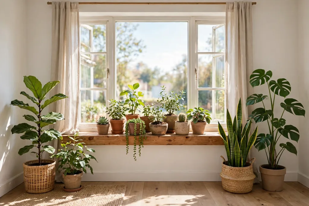 Sunny window garden with small pots on a windowsill and taller pots on the floor below.