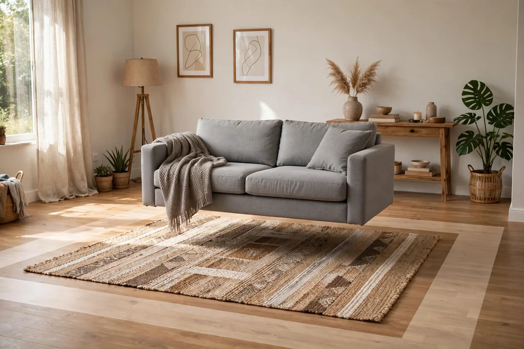 Living room sofa floated off the wall on a rug with a clear walking route.