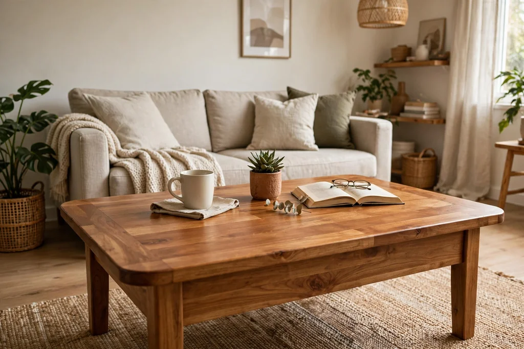 Refinished wood coffee table with a smooth oiled top in a living room.