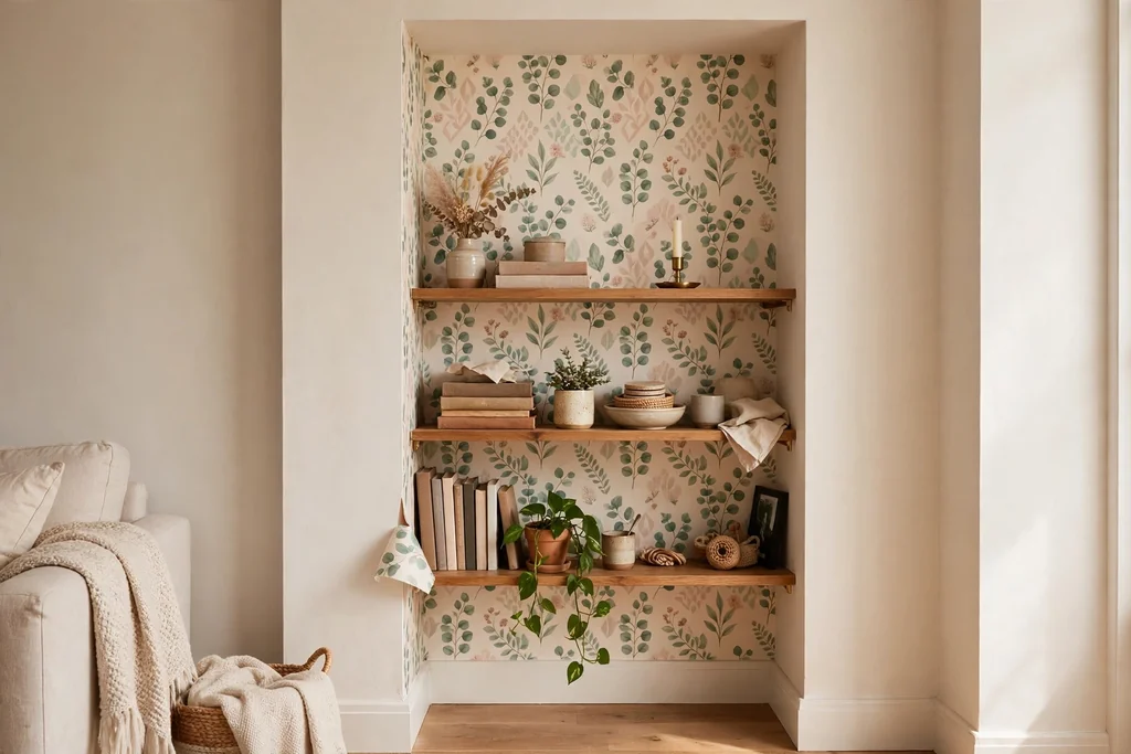 Small living room alcove dressed with removable patterned wallpaper behind shelves.