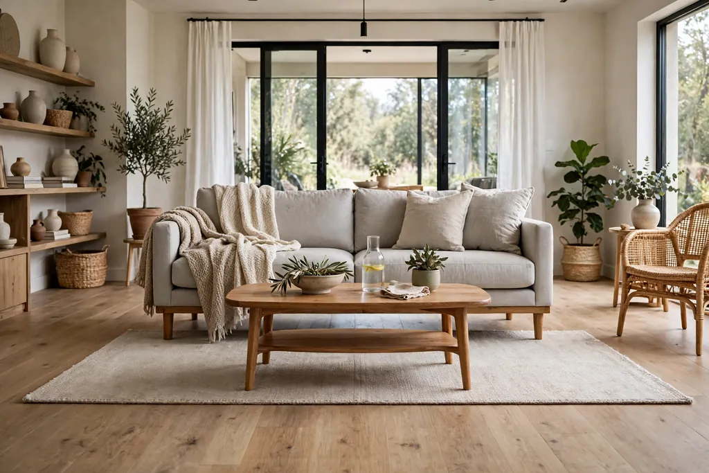 Living room sofa with its front legs resting on a large neutral area rug, with a coffee table on the rug.