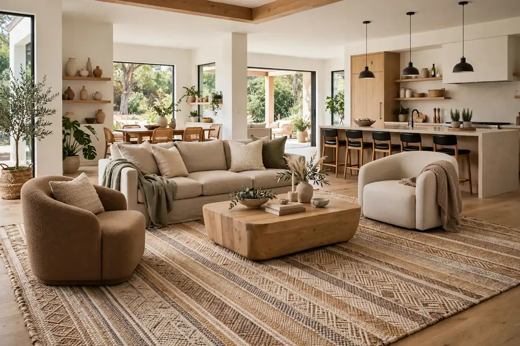 Spacious open plan living room with a very large area rug anchoring a sofa, armchairs, and a coffee table.