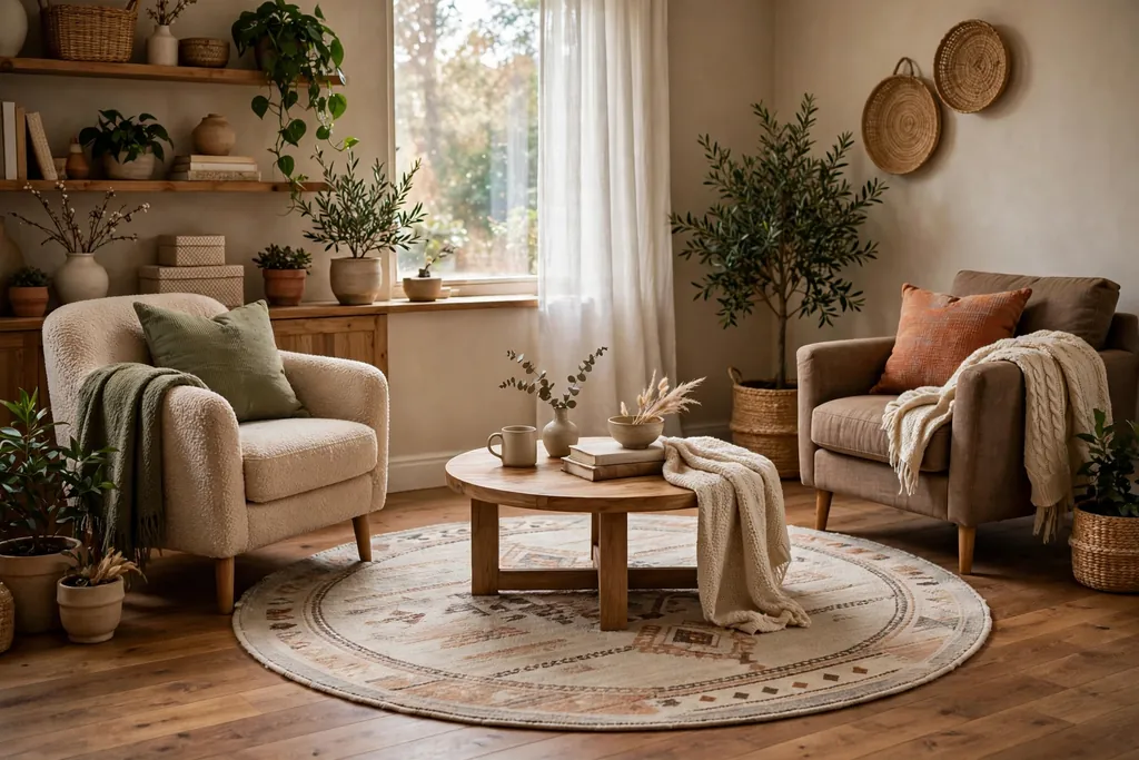 Cozy living room corner with a round area rug under a round coffee table and two armchairs.