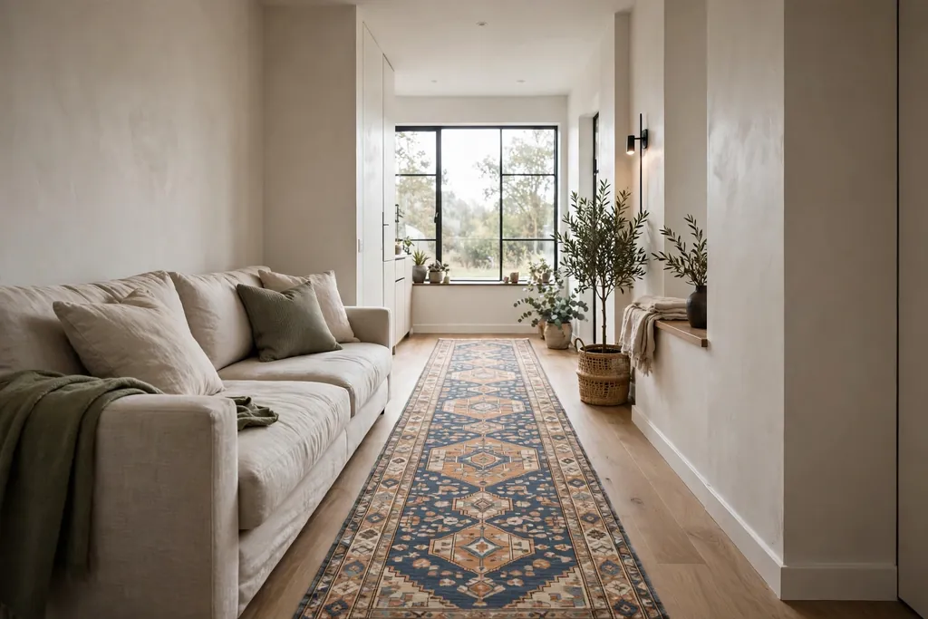 Narrow living room with a long runner rug running beside a sofa toward a window.