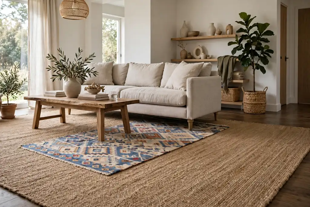 Living room with a small patterned rug layered at an angle over a large plain jute rug under a sofa.