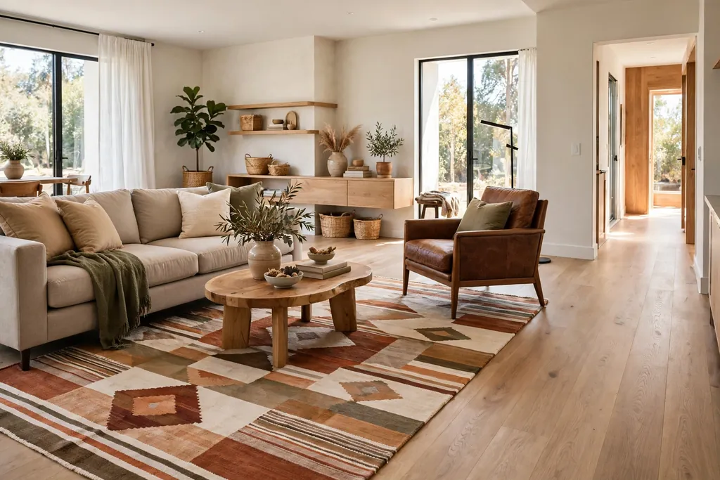 Living room with an area rug placed at a slight angle under a sofa and armchair to open a walking route.