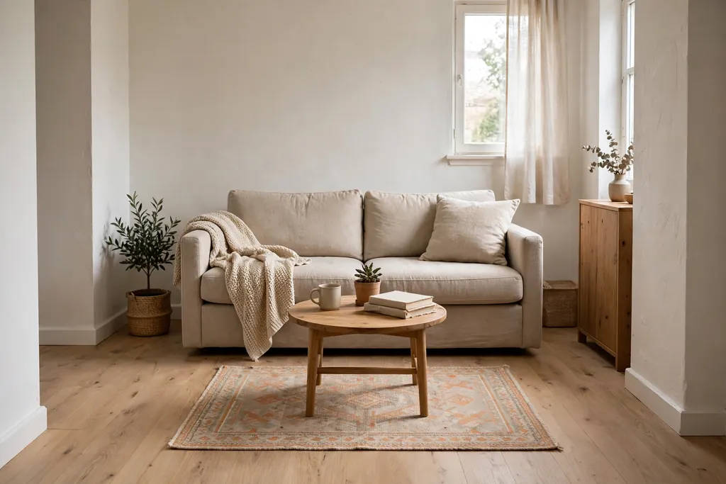 Small living room with a compact rug placed just under a coffee table in front of a sofa.
