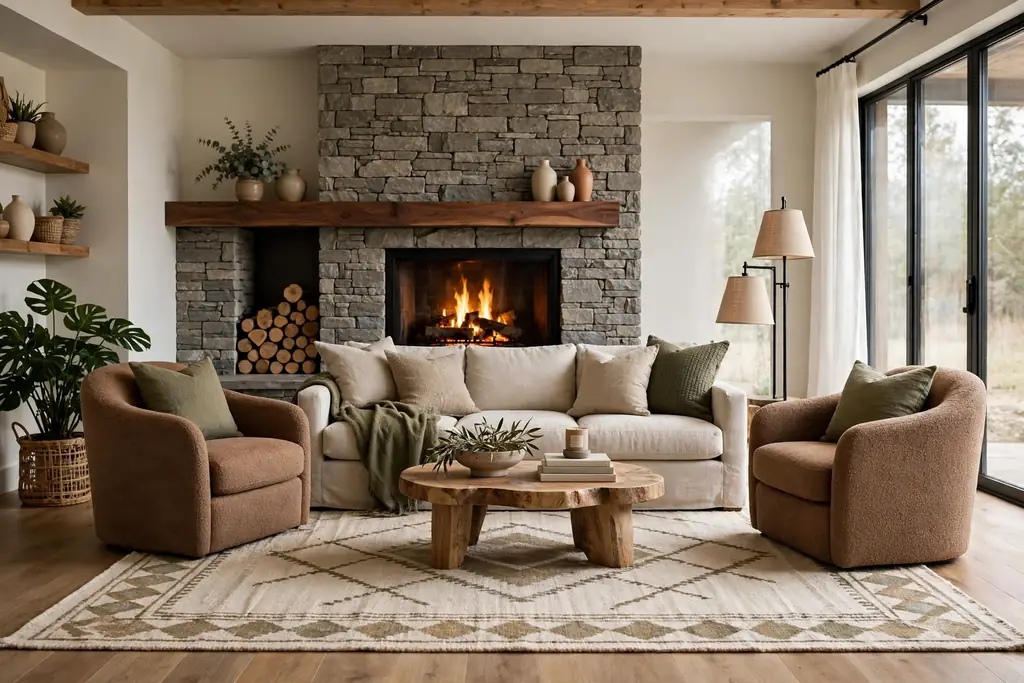 Living room seating group arranged around a fireplace with an area rug framing the sofa and armchairs.