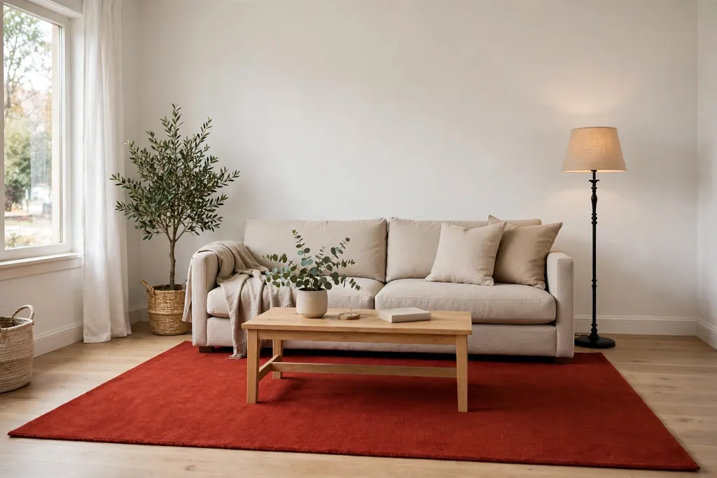 Living room with a bold solid rust red area rug under a neutral sofa and plain walls.