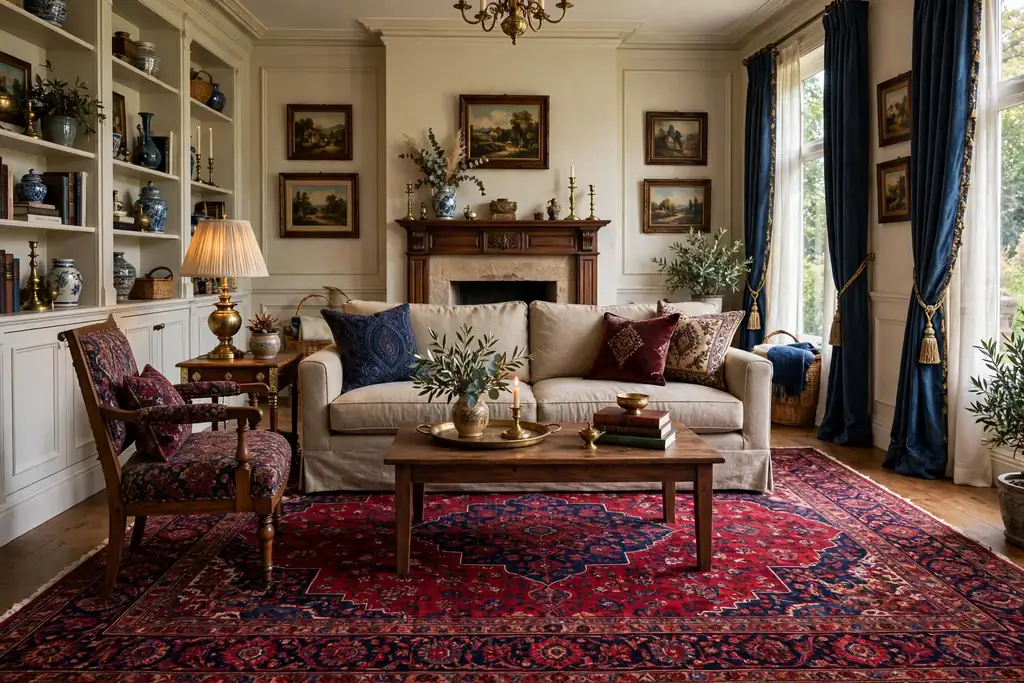Traditional living room with a classic Persian style patterned rug in deep reds and navy under a sofa.
