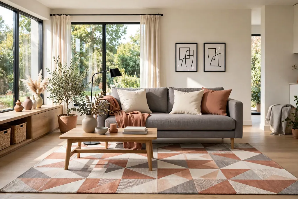 Modern living room with a geometric patterned area rug in muted terracotta, cream, and grey under a sofa.