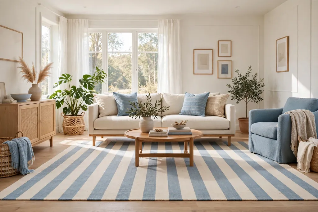 Bright living room with a wide striped area rug in cream and soft blue under a sofa.