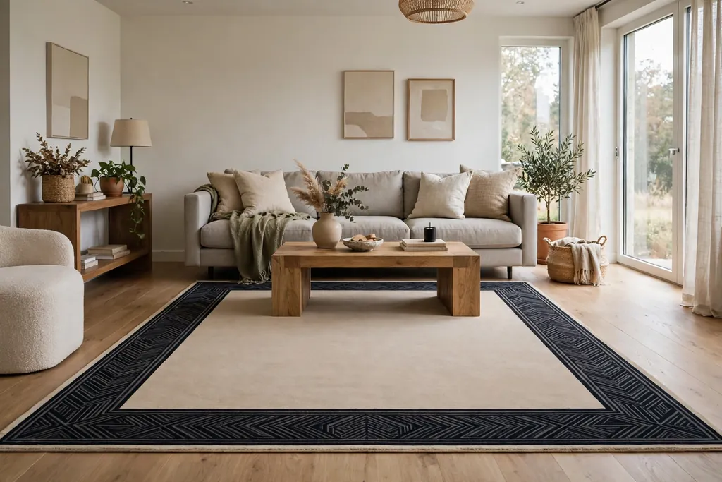 Living room with a plain central rug framed by a strong dark border pattern under a sofa and coffee table.