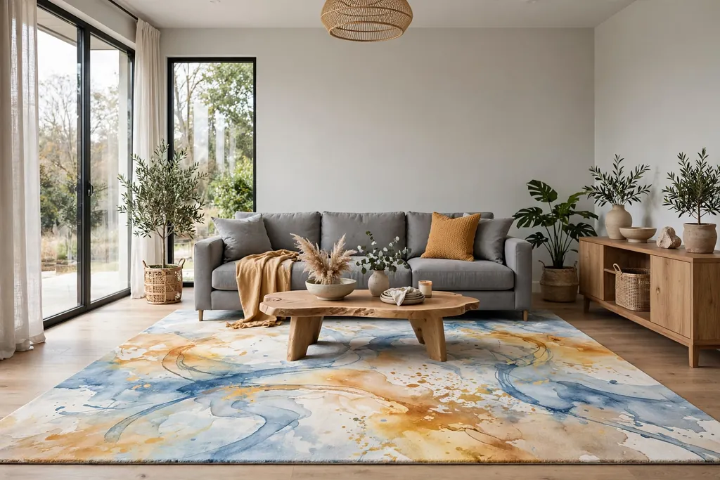Contemporary living room with an abstract painterly area rug in soft blues and warm ochre under a grey sofa.
