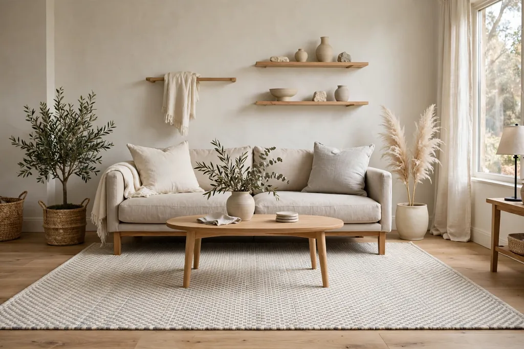 Calm living room with a two tone neutral rug in cream and light grey with a subtle woven pattern under a sofa.