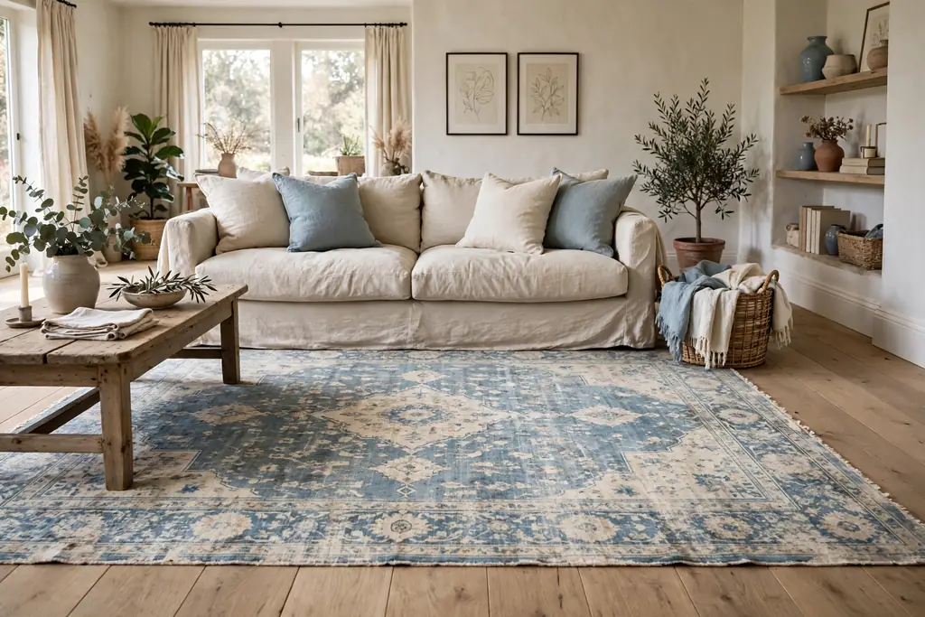 Living room with a faded vintage style rug in soft worn blues and creams under a linen sofa.
