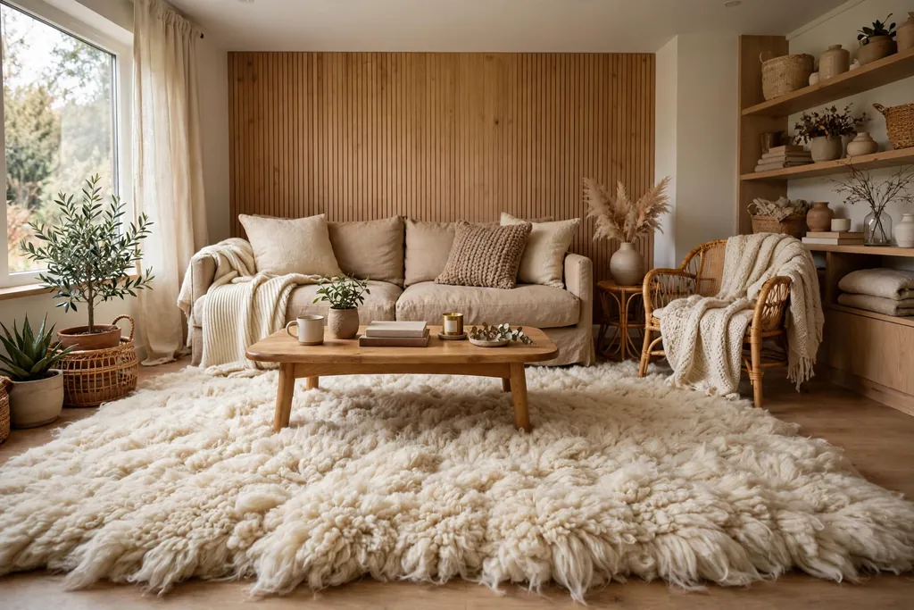 Cozy living room with a thick soft wool pile rug in warm cream under a sofa and coffee table.