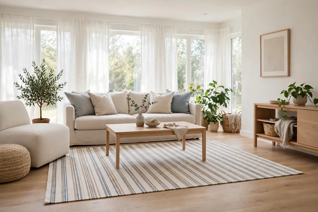 Airy living room with a thin flatweave cotton rug in a simple stripe under a light wood coffee table.