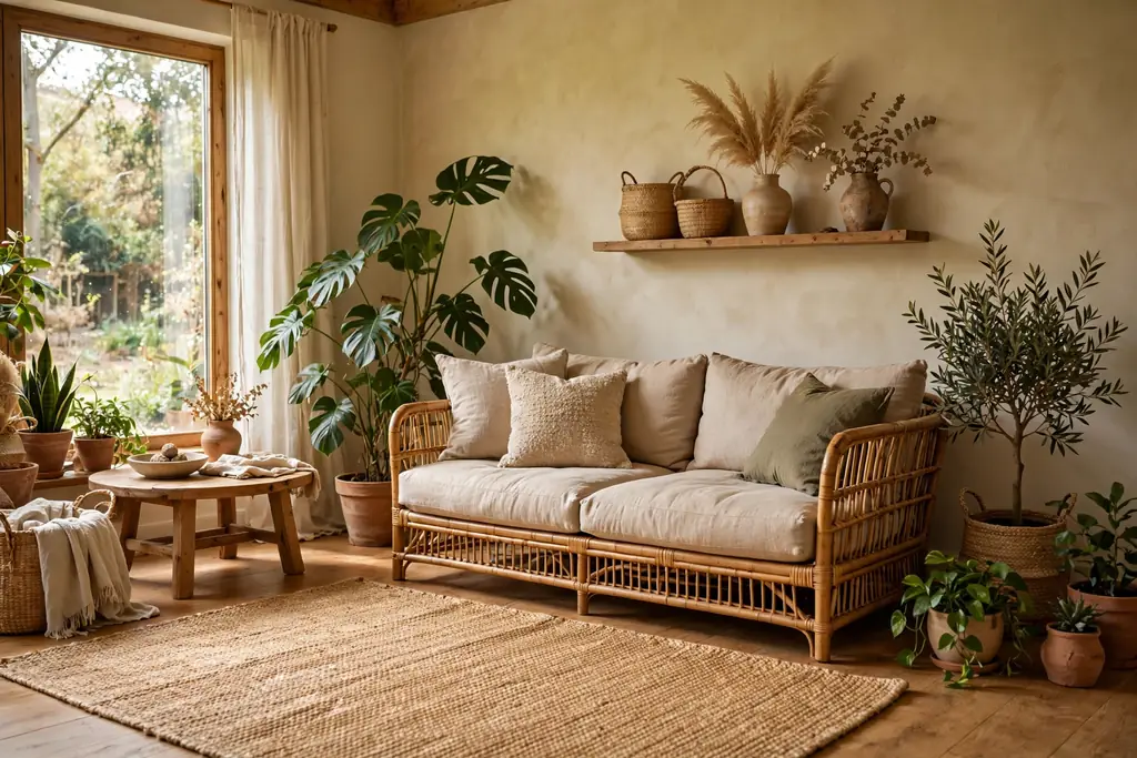 Natural living room with a woven jute rug in golden tan tones under a rattan sofa, with plants nearby.
