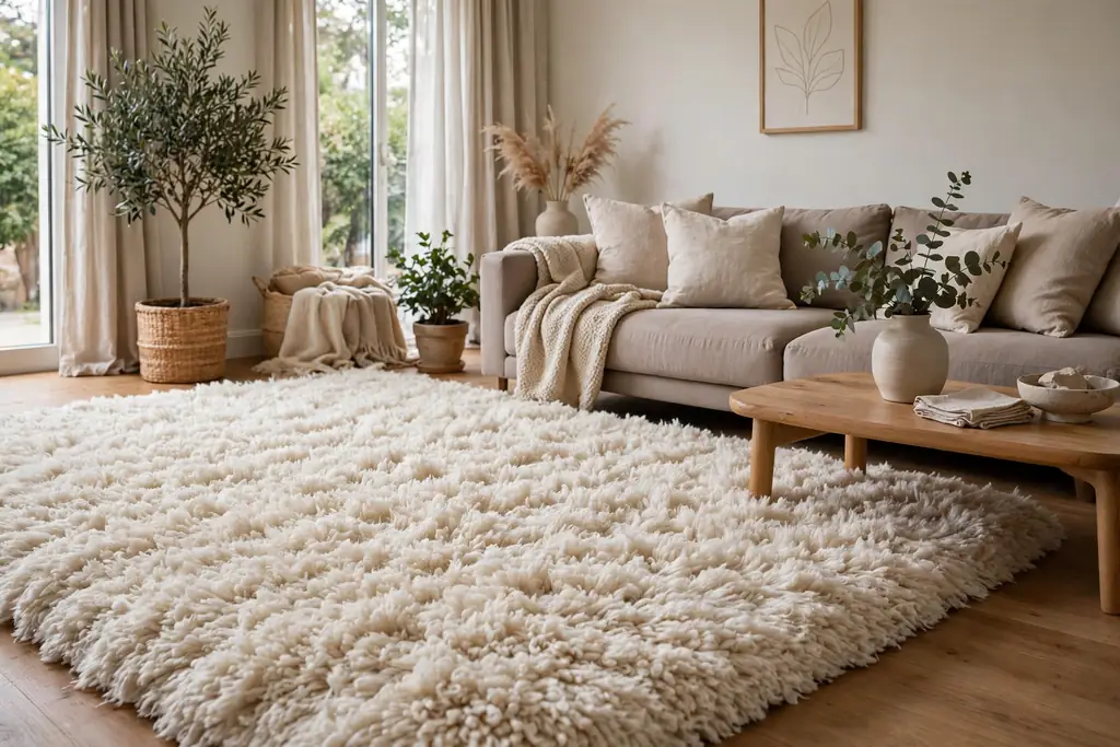 Soft living room with a deep high pile shag rug in ivory beside a low sofa.