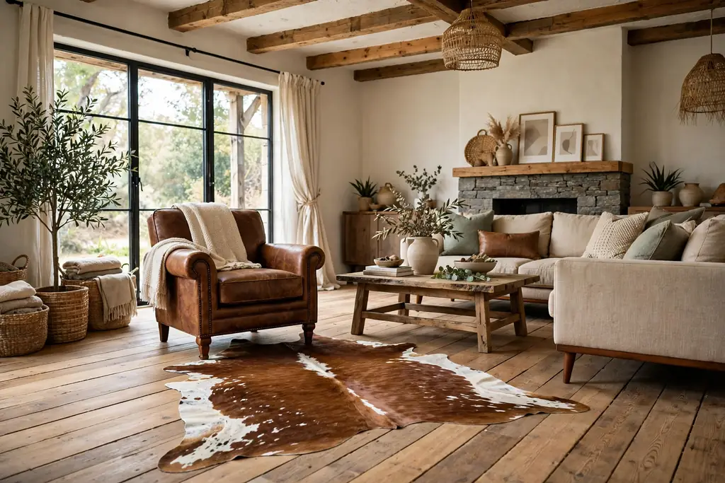 Rustic modern living room with a natural cowhide rug in brown and white patches beside a leather armchair.