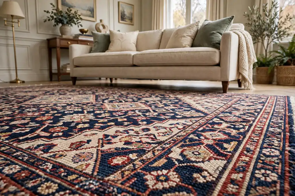 Elegant living room with a finely hand knotted rug in a detailed traditional pattern under a sofa.