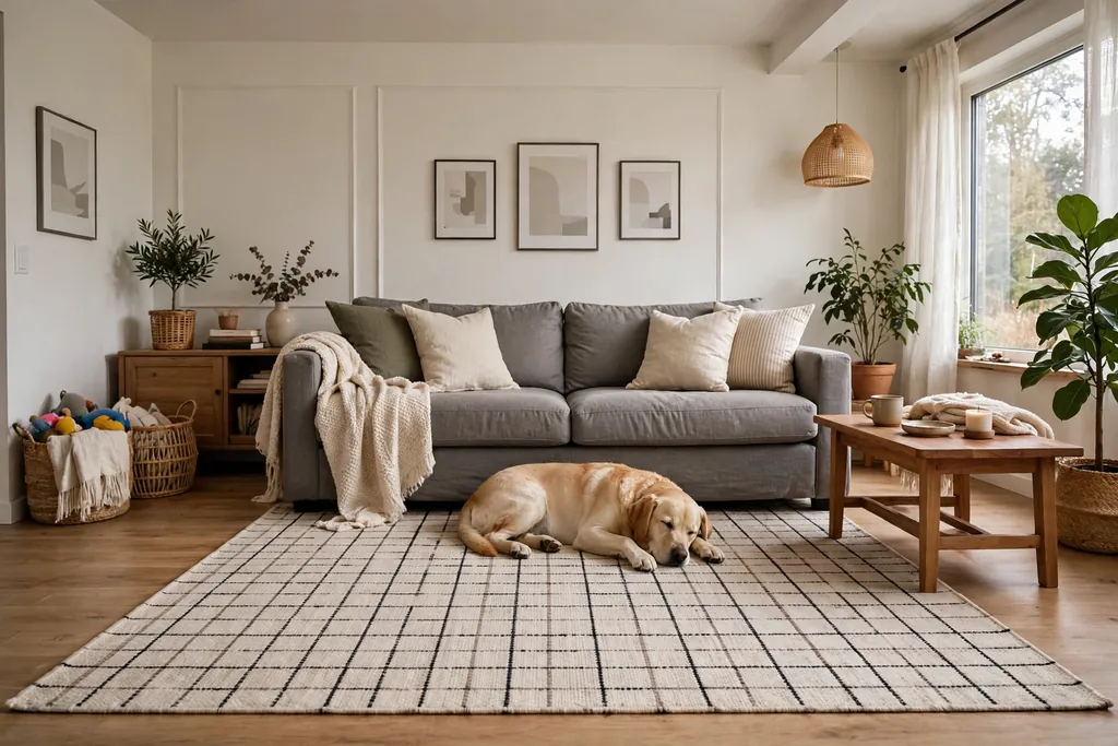 Family living room with a practical washable rug in a simple pattern, with a dog resting on the rug.