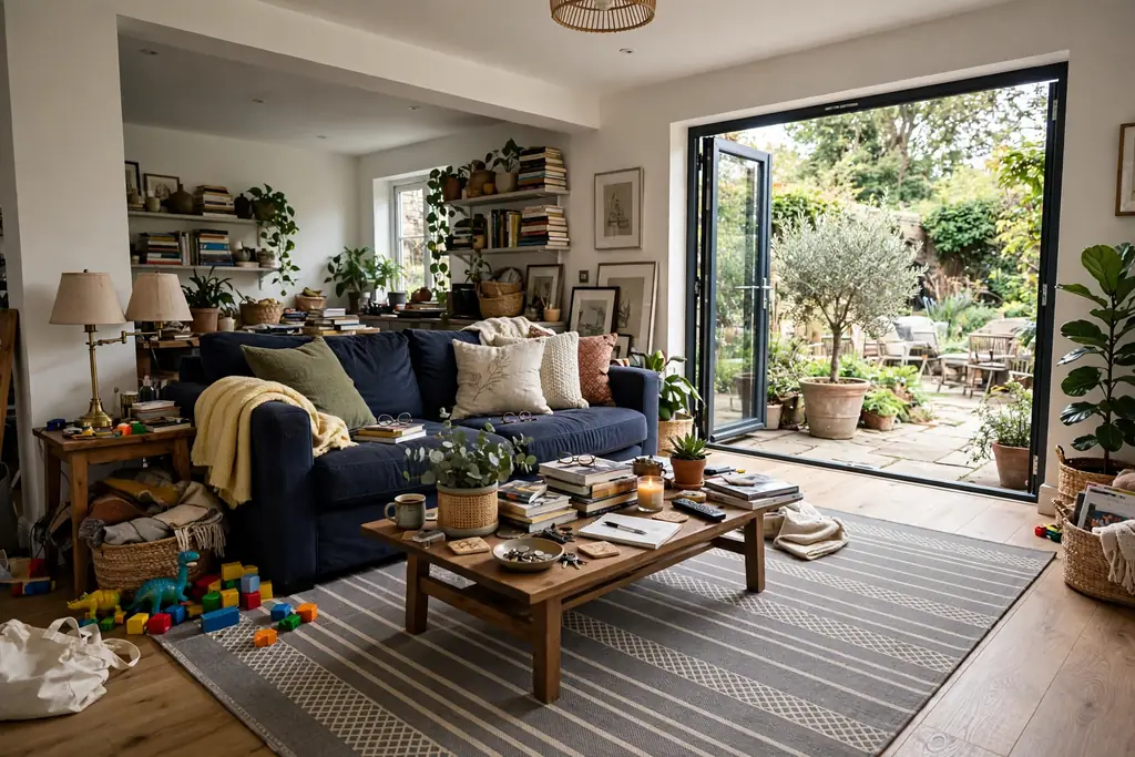 Busy living room near a garden door with a durable flat indoor outdoor rug in a simple pattern under a sofa.