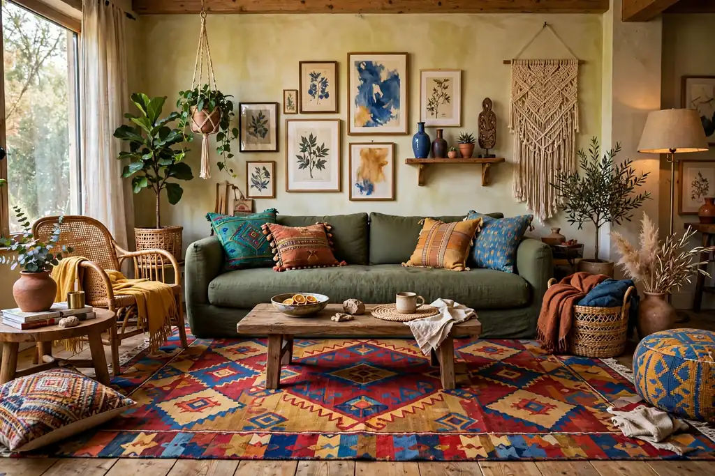 Eclectic living room with a colorful flatweave kilim rug in red, blue, and ochre under a low sofa.