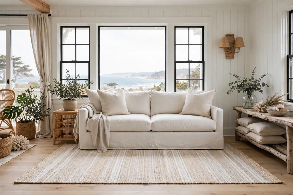 Coastal living room with a pale woven rug in sand and white tones under a light sofa near a window.