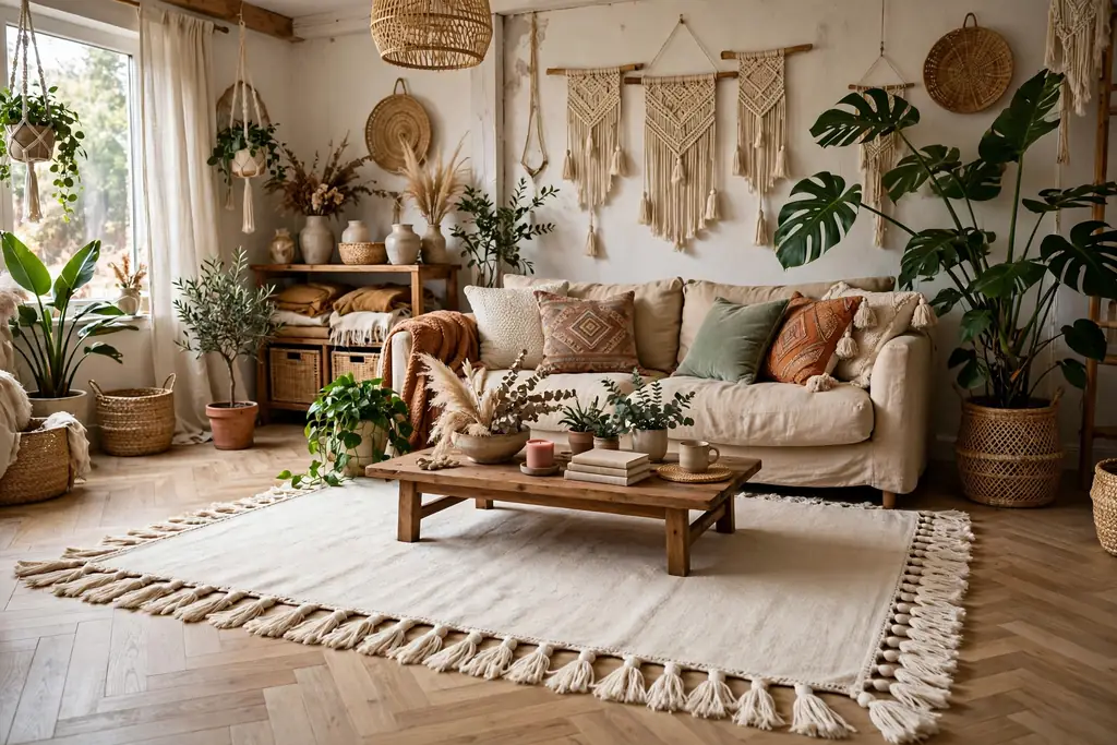Bohemian living room with a cream rug with long tassel fringe edges under a sofa with plants and cushions.