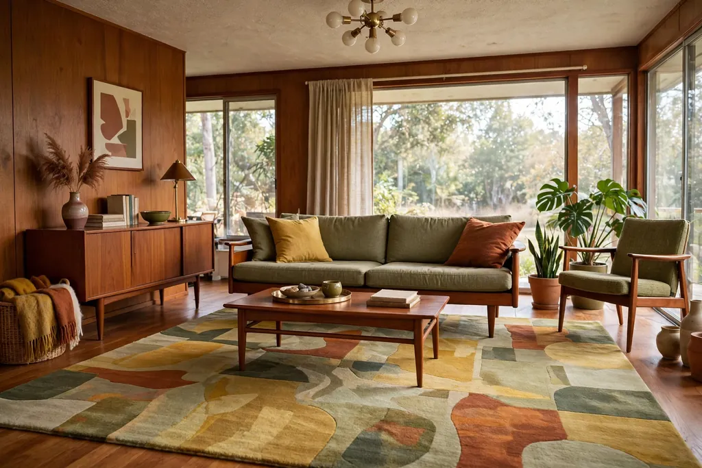 Mid century living room with a muted abstract rug in mustard, olive, and rust under a low teak sofa.