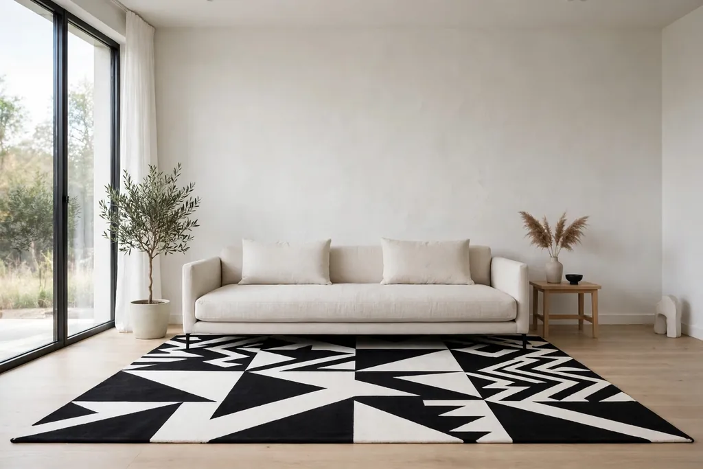 Minimal living room with a bold black and white graphic rug under a plain sofa.
