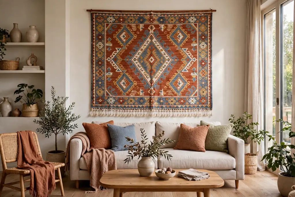Living room with a patterned rug hung on the wall as large textile art above a sofa.