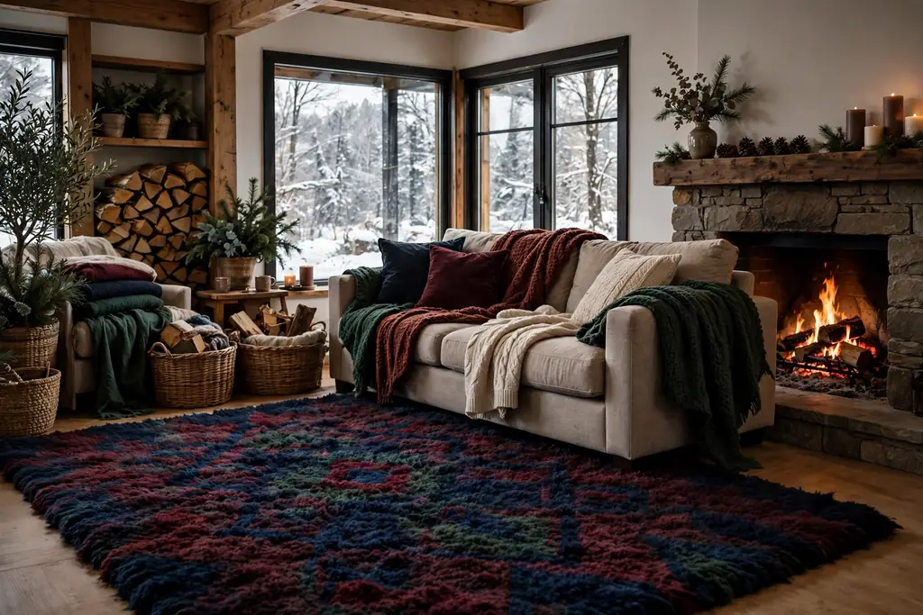 Winter living room with a thick warm rug in deep tones under a sofa beside a fireplace, with throw blankets.