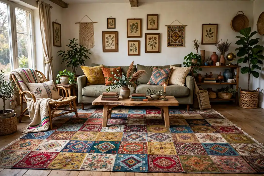 Eclectic living room with a patchwork rug made of mixed vintage rug squares in varied colors under a sofa.