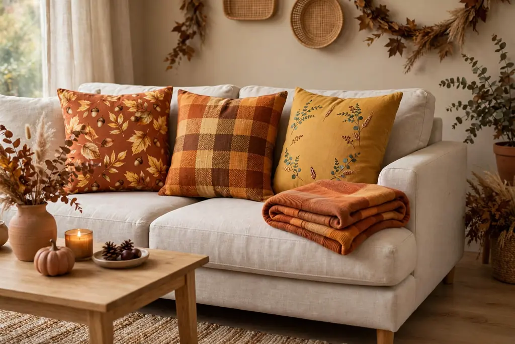 Sofa with seasonal cushion covers and a folded throw in warm tones.